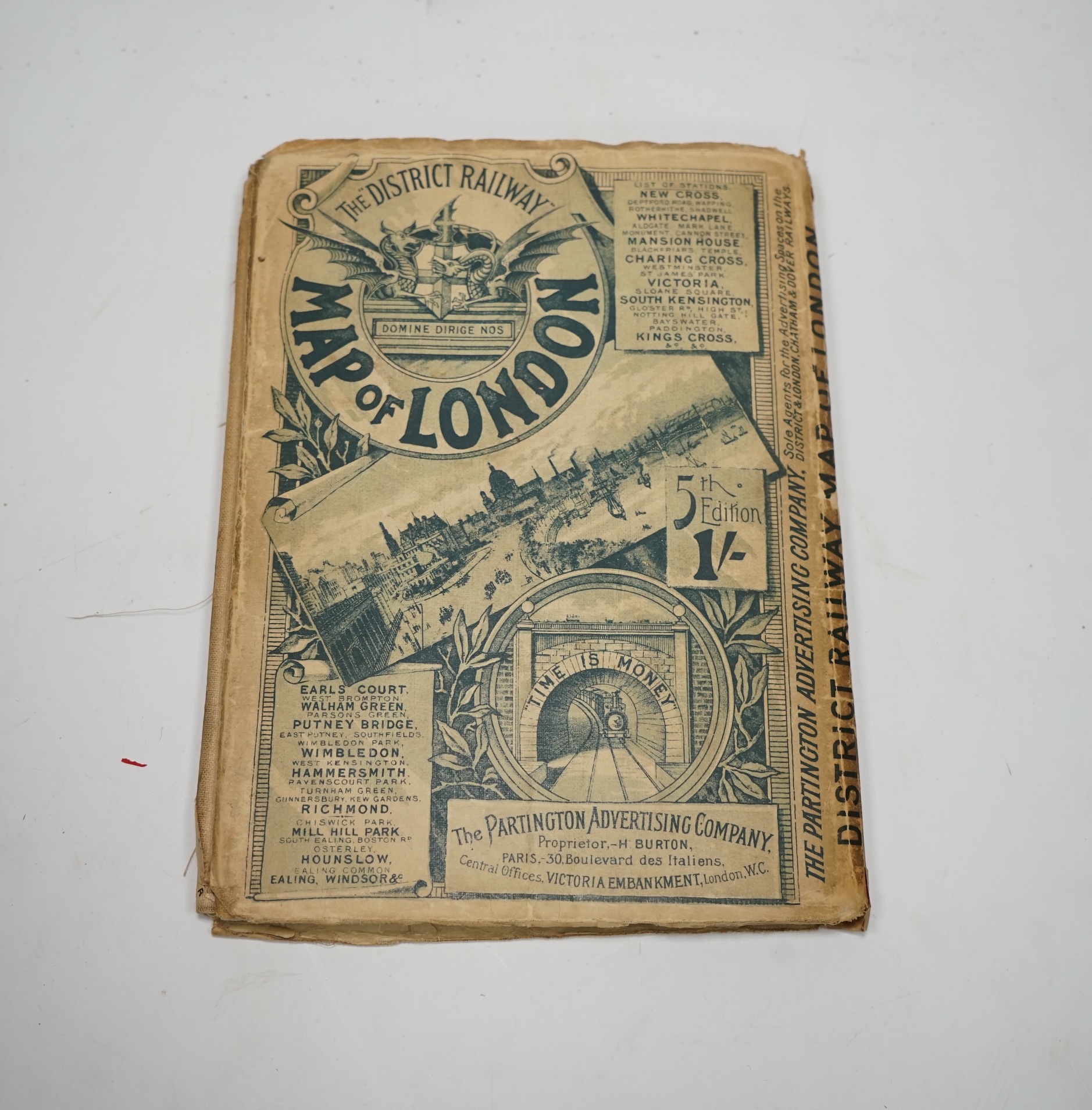 A c.1895 The District Railway Map of London, 5th Edition, folding map on linen with paper covers. Condition - fair.